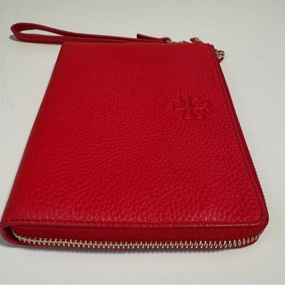 Tory Burch Women's deep red  Large Pebbled zip around clutch/wallet